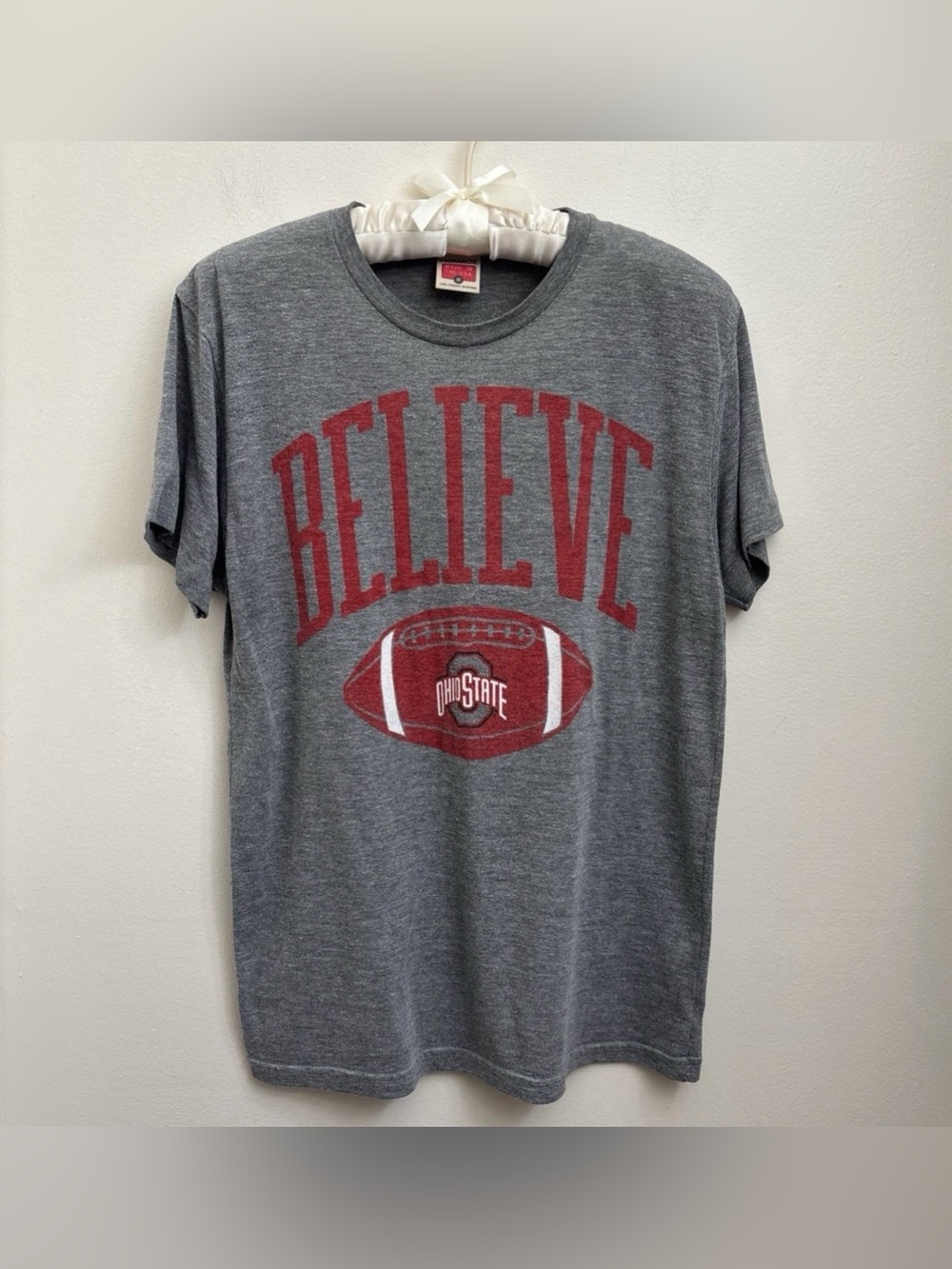 HOMAGE Gray Tee with Red "BELIEVE OHIO STATE" Football Graphic
